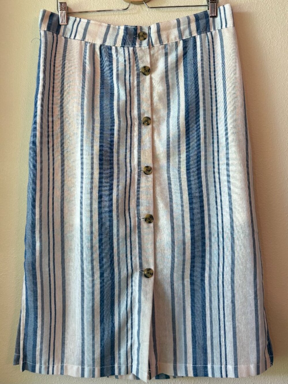 Linen Blend Midi Summer Skirt Blue White Vertical Striped Pockets M / L Capsule - Picture 3 of 12